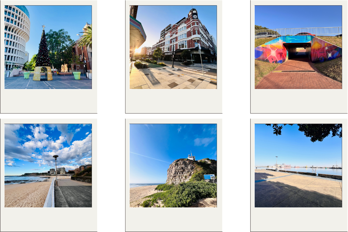 Photos from around Newcastle, the beach walkway, the lighthouse, along the harbour wharf, the city centre, under road pedestrian tunnel, and a Christmas Tree at Civic Centre